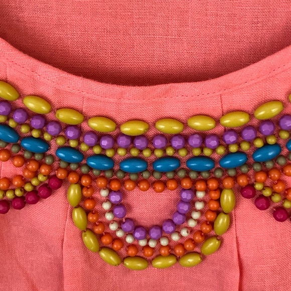 Boden Top Womens 6 Peach Coral  100% Linen 3/4 Sleeves Embellished Neckline - Picture 4 of 8